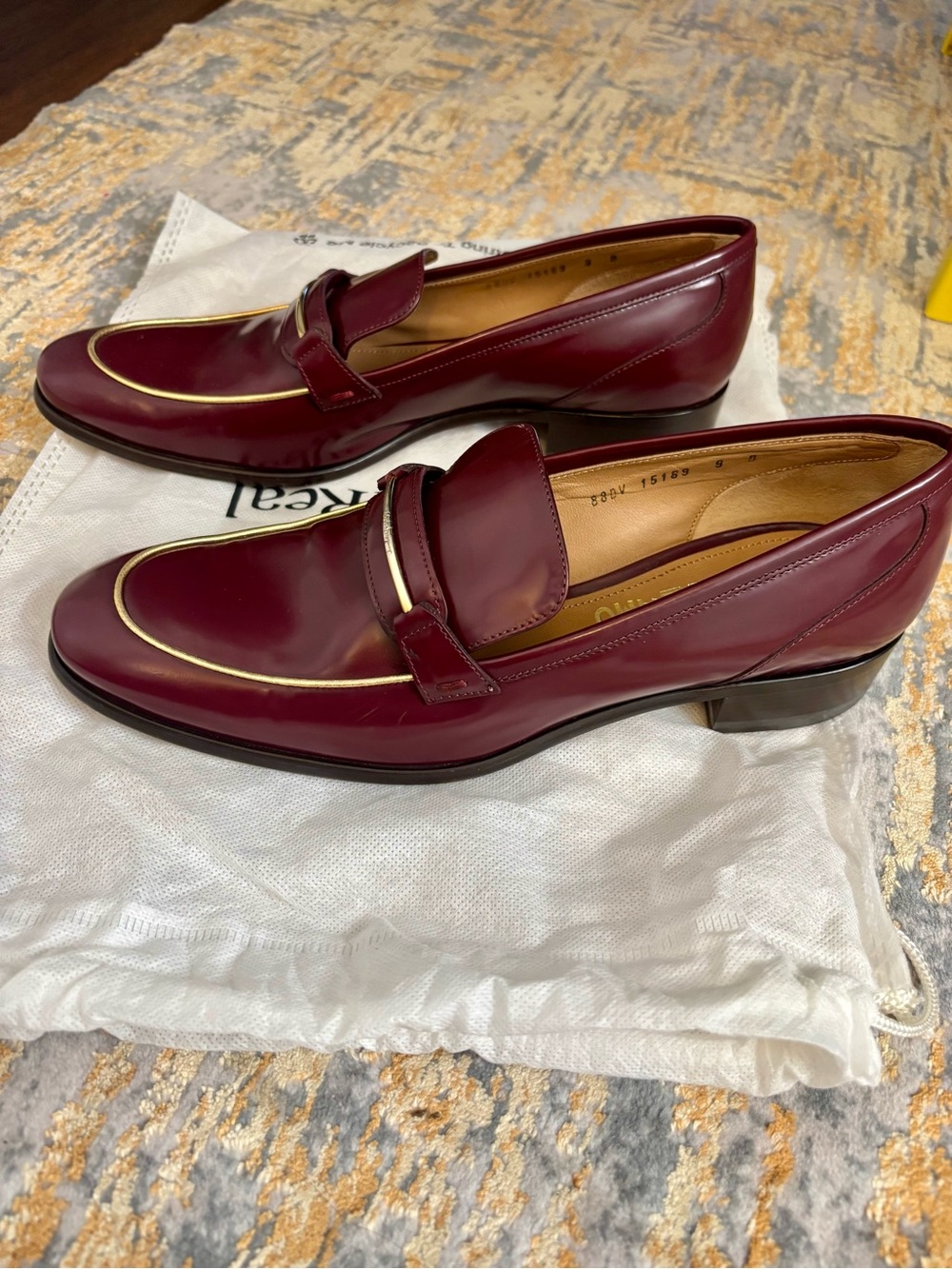 Salvatore Ferragamo Burgundy Leather Loafers with Gold Trim - Picture 3 of 7